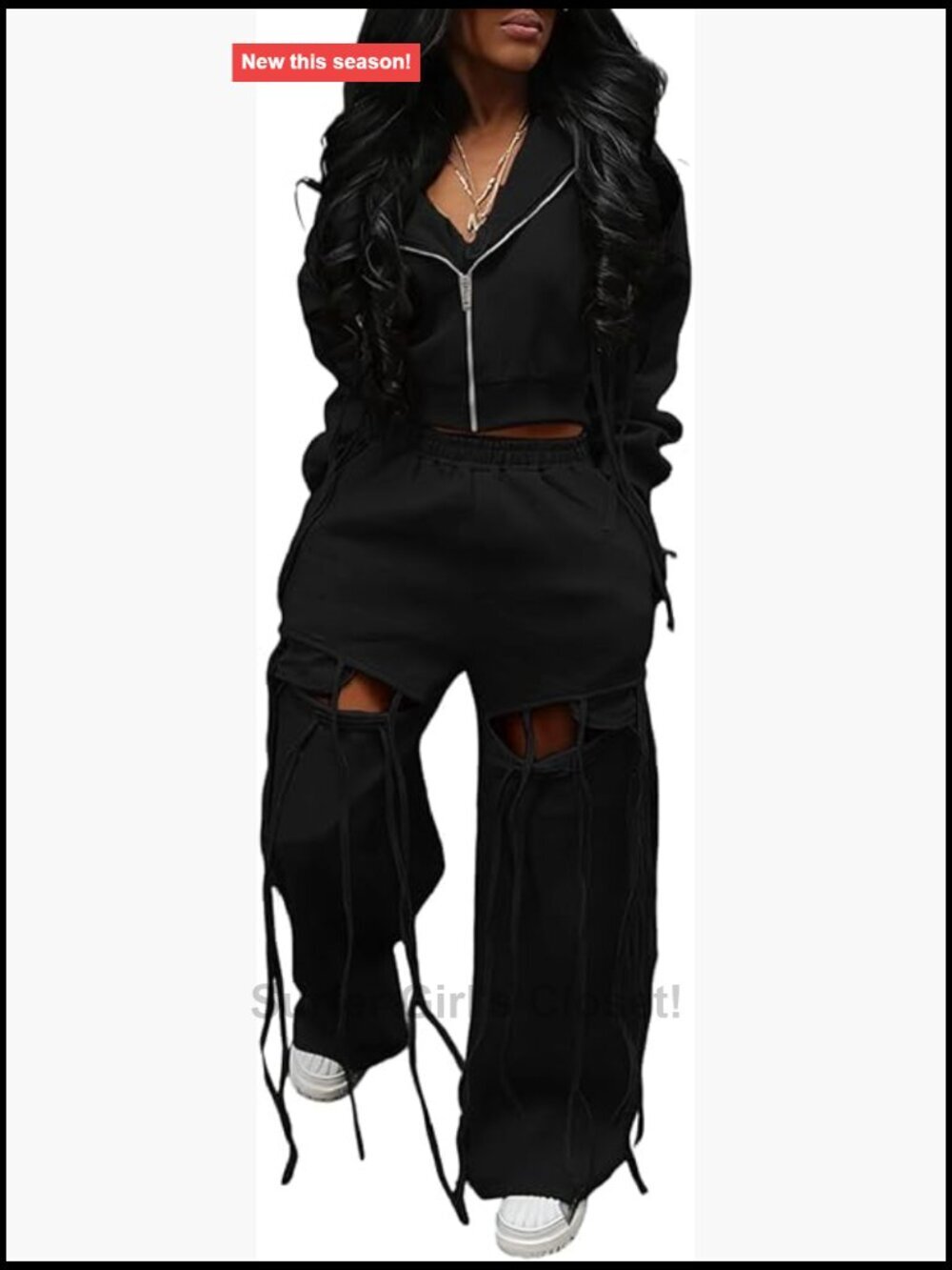 2 Piece Long Sleeve Zipper Hoodie Sweatsuit with Wide Leg Ripped Lounge Pants